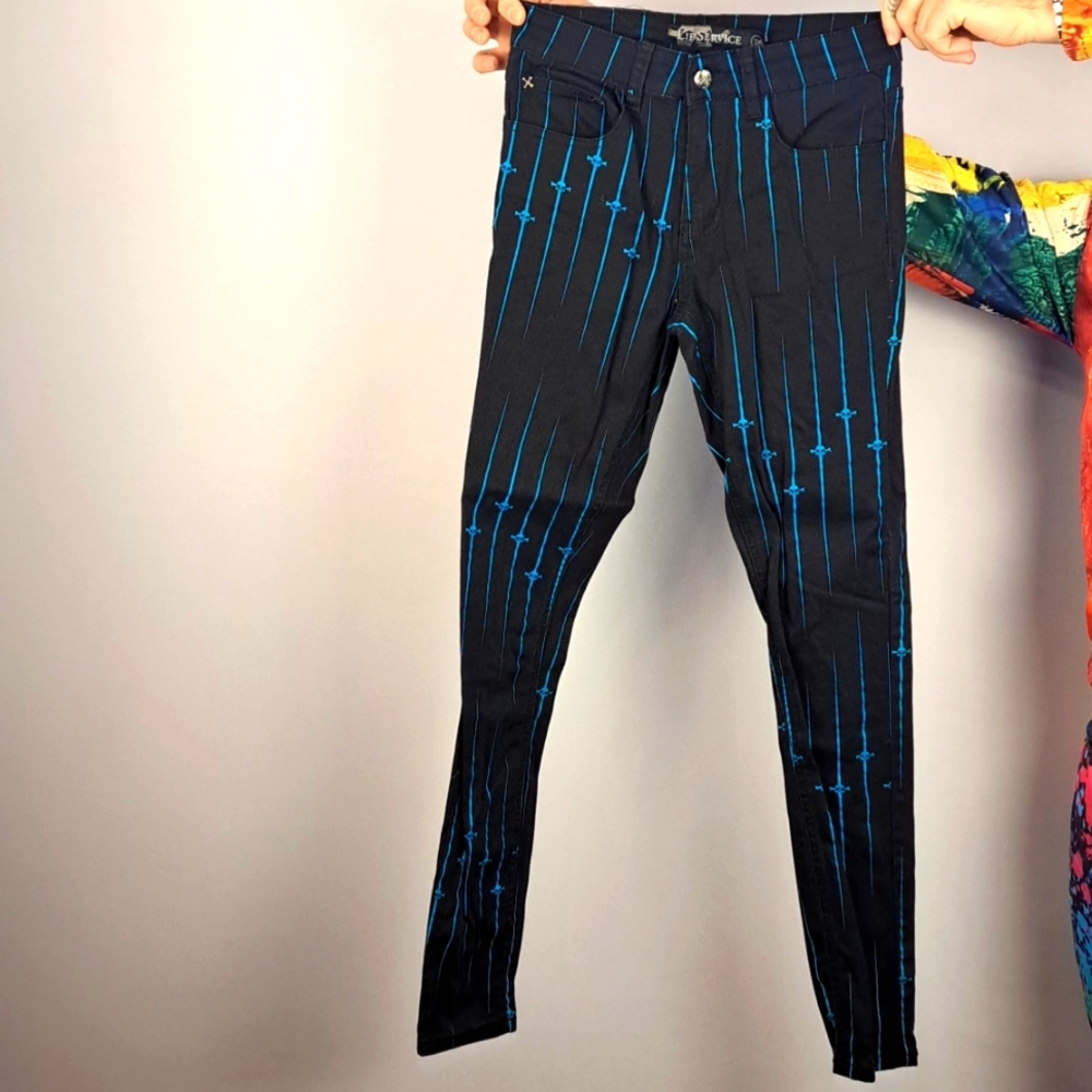 Tripp NYC Lip Service 28 Slim Fit stretch pant, black with retro skulls in neon